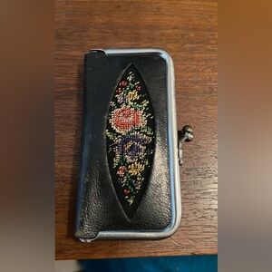 Antique Black Flowered Embroidered Tiny 1940s-50s Manicure Pedicure Travel Kit